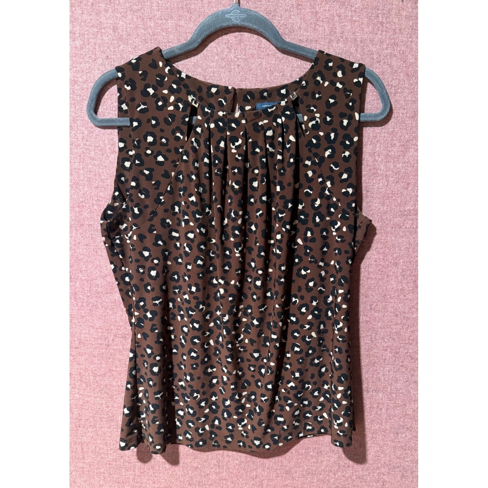 Tommy Hilfiger Leopard Print Sleeveless Pleated Blouse Top Womens‎ Large Brown
